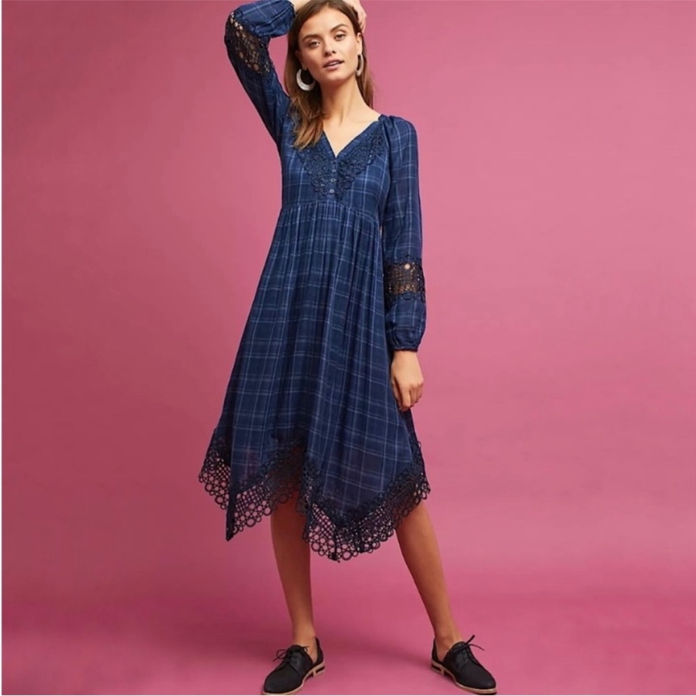 Anthropologie Akemi + Kin Codie Kerchief Blue Plaid Lace-Trimmed Dress 16